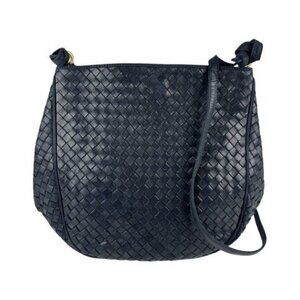 Authentic Bottega Veneta Intrecciato Nappa Shoulder Bag Purse Navy Black Leather